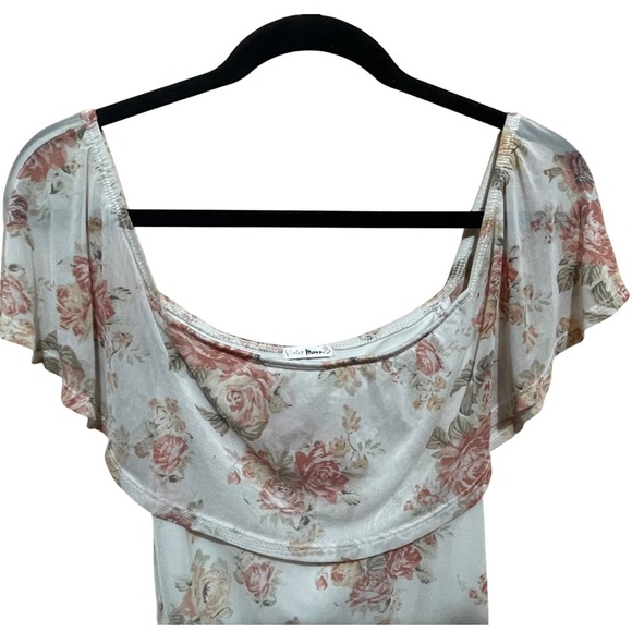 Violet Moon Floral Off Shoulder Ruffle Trim Bodysuit Top M-Cottagecore Romantic - Picture 4 of 11